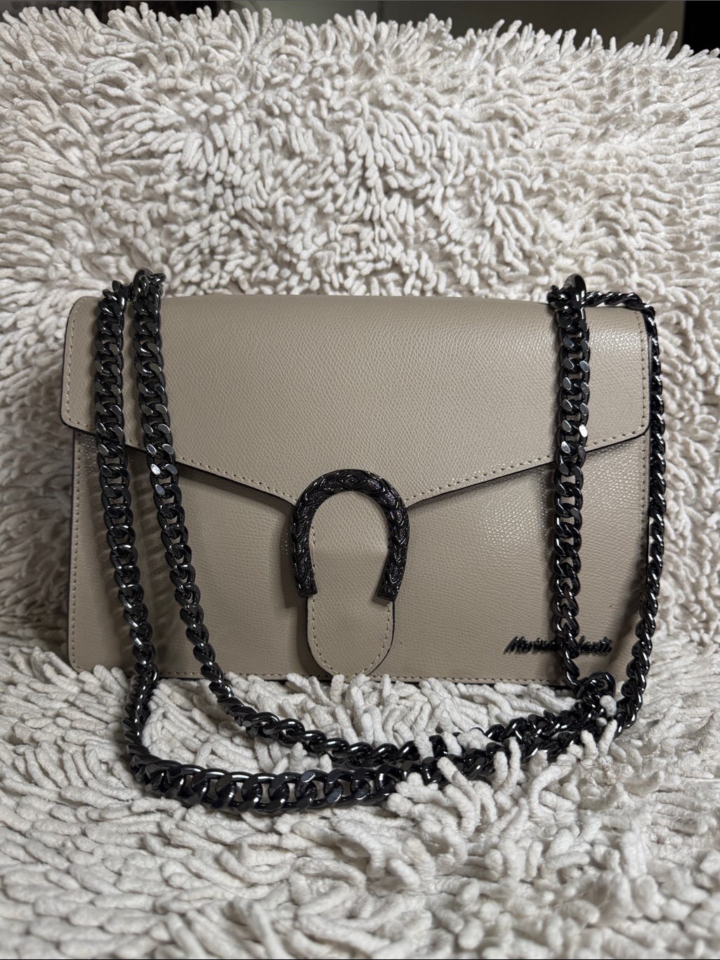 Marina Galanti Taupe Chain Shoulder Bag With Gunmetal Hardware Italian Made